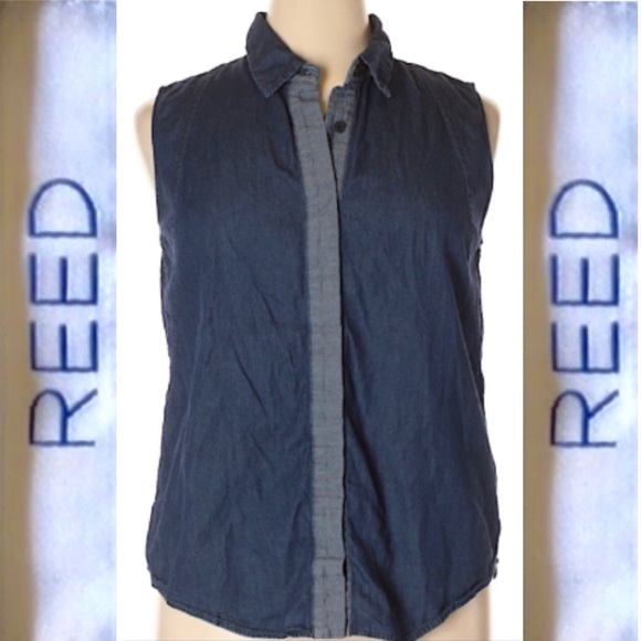 ♻️ Dark Chambray Sleeveless Button Down Shirt REED - Picture 4 of 6